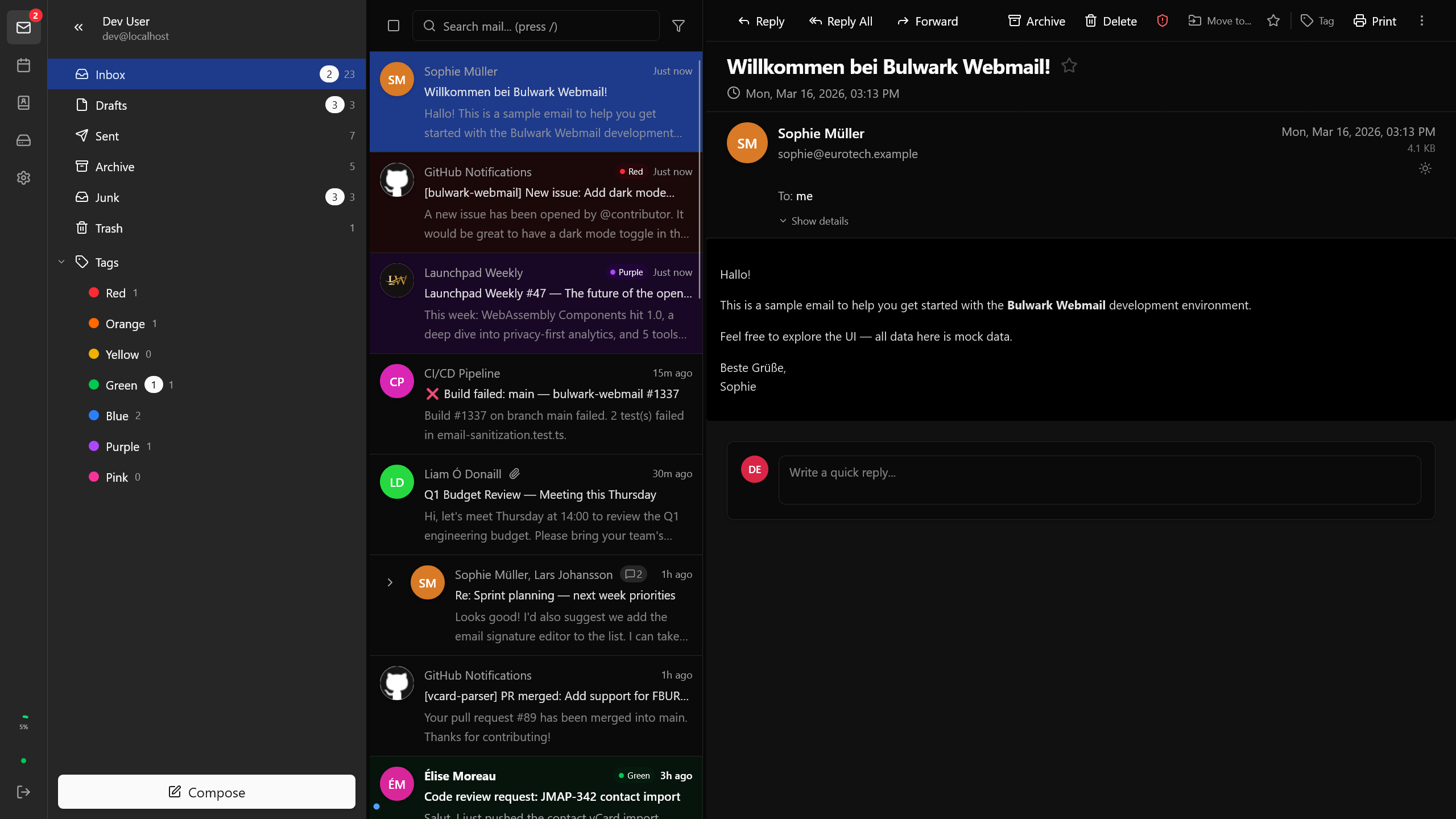 Inbox — three-pane layout with sidebar, email list, and viewer (dark mode)